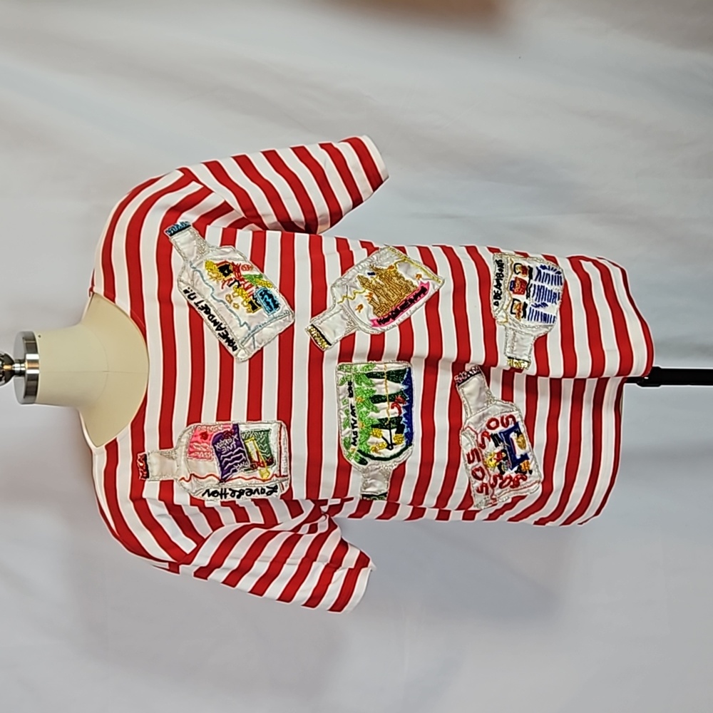 Vtg Cedars 1992 red stripe knit shirt with beaded message in a bottle shirt, Med